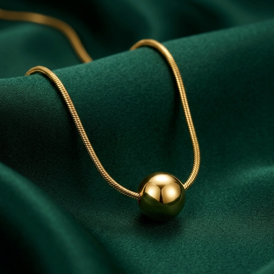 A gold snake chain necklace with a polished gold sphere pendant, displayed on draped dark green satin fabric.