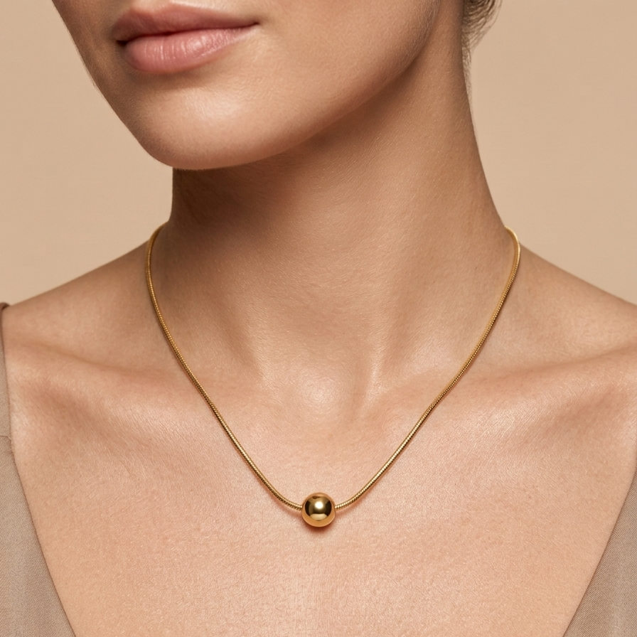 A close-up of a model wearing a delicate gold chain necklace with a small, polished gold sphere pendant at the center, set against a soft beige background.