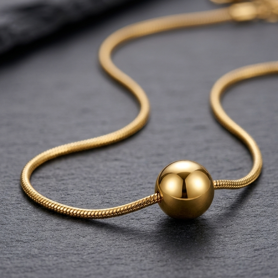 A gold snake chain necklace with a polished spherical bead pendant, displayed on a dark textured slate surface.