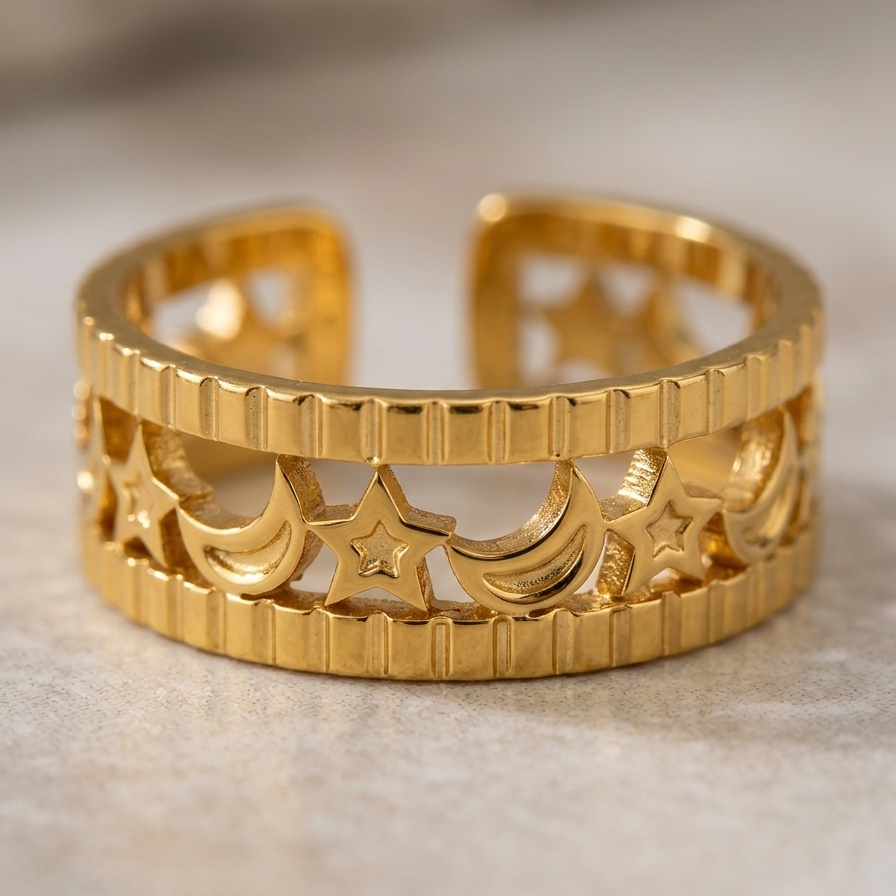 A gold-toned open bangle ring with a textured outer edge and a central filigree pattern of stars and crescent moons, resting on a neutral beige surface.