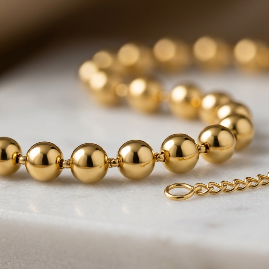 A gold beaded bracelet with polished round beads and a matching chain extender, photographed on a light stone surface with a softly blurred warm background.