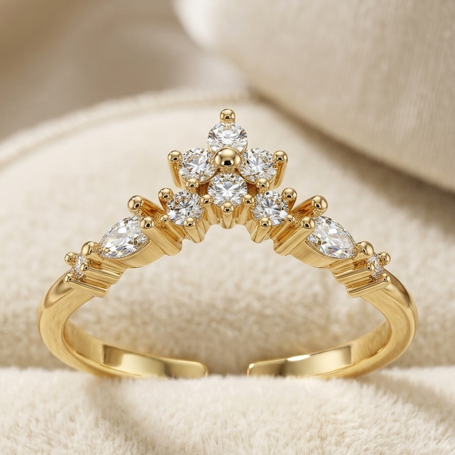 Gold ring with a crown-like cluster of clear gemstones and marquise-cut side stones, photographed on a soft cream fabric background.