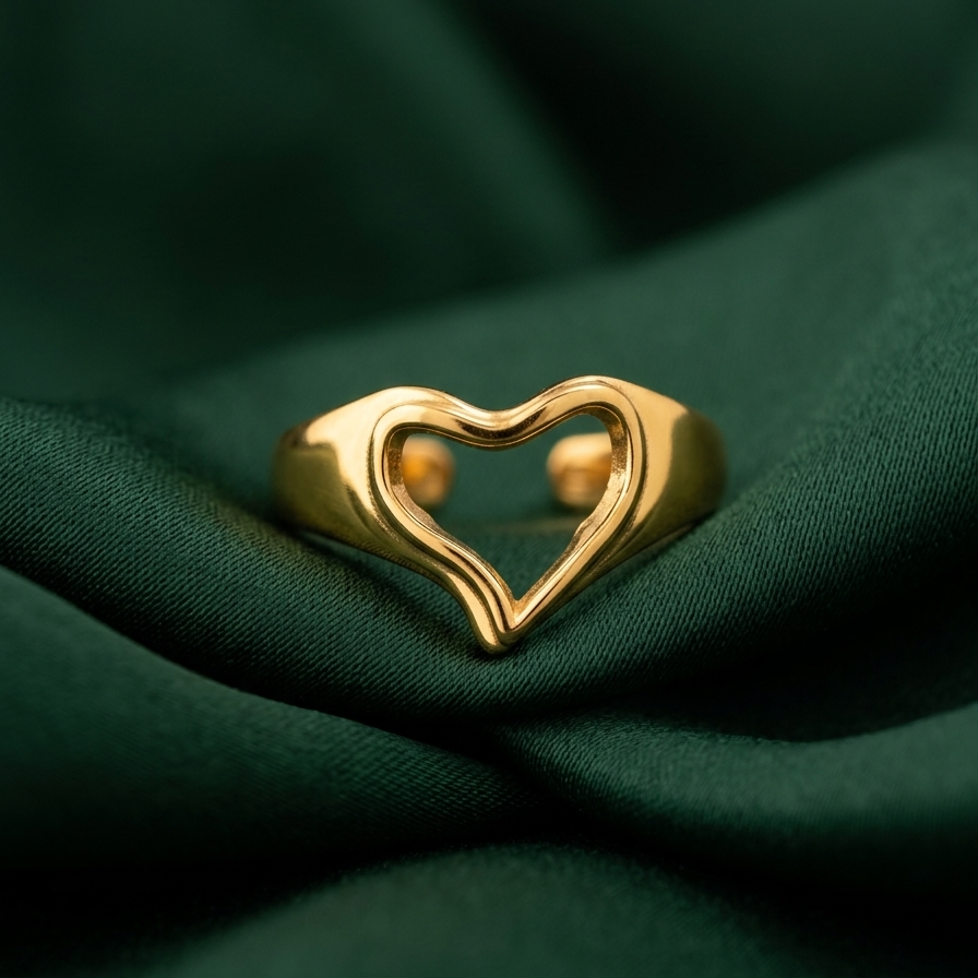 A gold heart-shaped open ring with a polished finish, resting on draped dark green fabric.