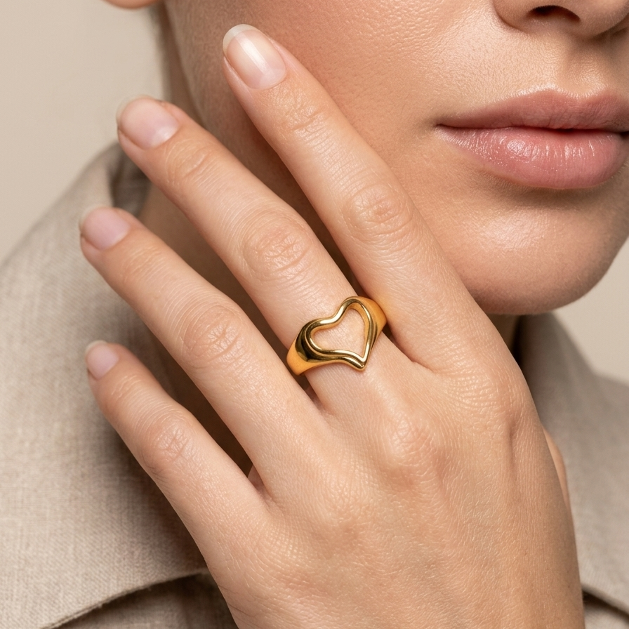 A close-up lifestyle shot of a model wearing a gold ring with an open heart design on her finger, set against a soft beige background.
