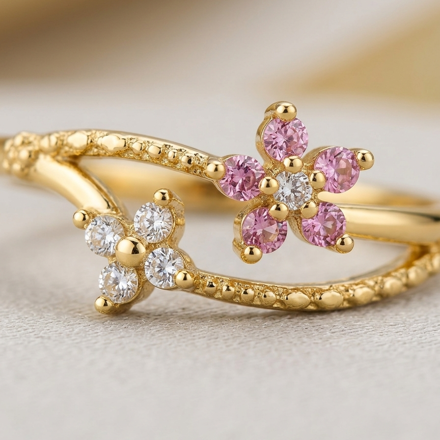 A gold ring featuring two delicate flower motifs, one with pink gemstones and one with clear gemstones, set on a textured gold band.