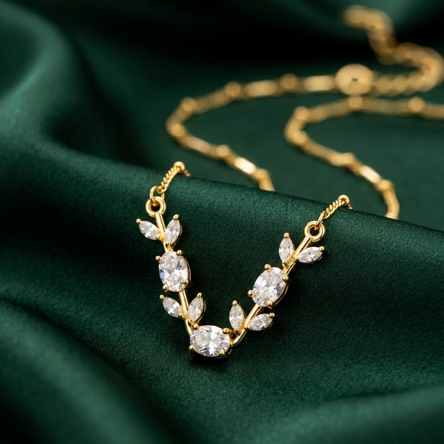 A gold leaf-shaped necklace with clear marquise and oval stones, displayed on draped dark green satin fabric.