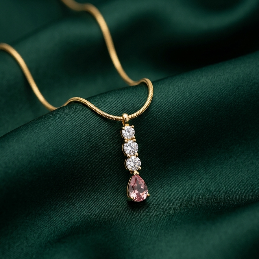 A gold chain necklace with a vertical pendant featuring three clear round stones and a teardrop-shaped pink gemstone, displayed on a dark green satin fabric background.