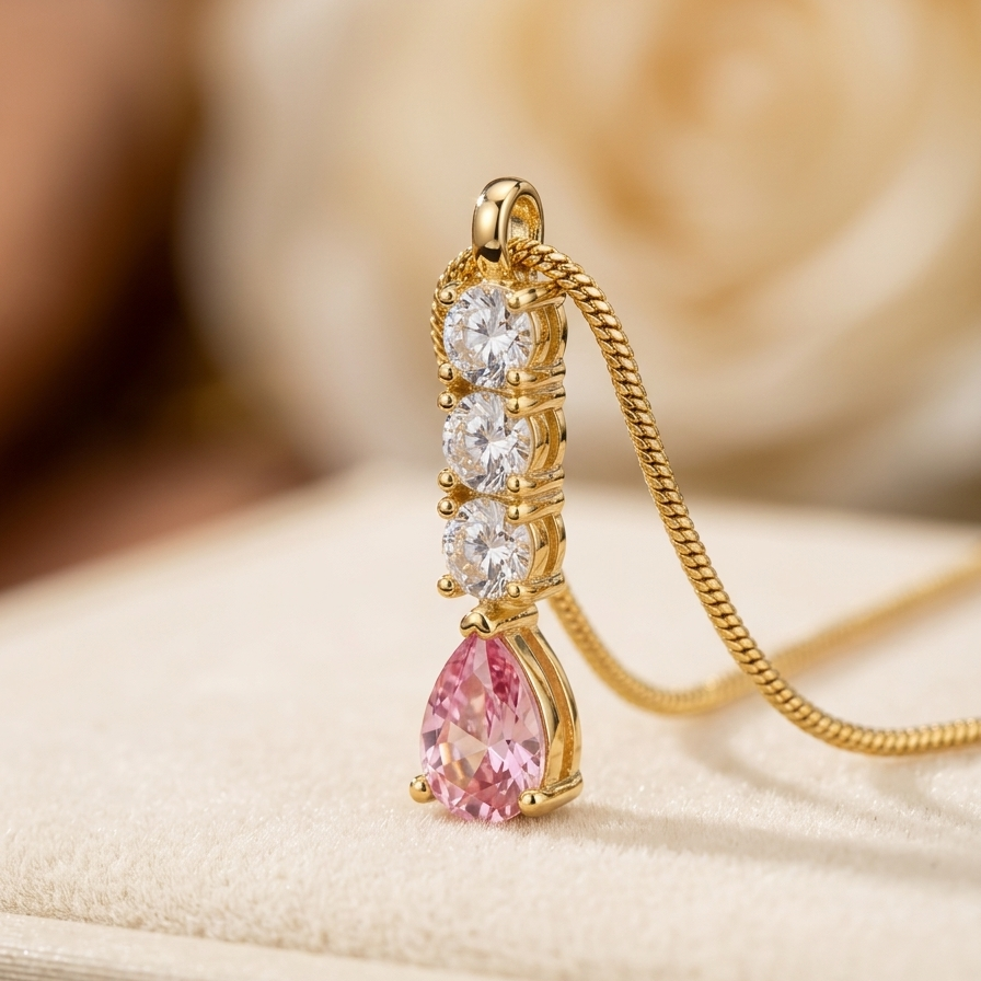 A gold pendant necklace featuring three clear round-cut stones and a teardrop-shaped pink gemstone, displayed on a cream-colored surface with a soft-focus rose in the background.