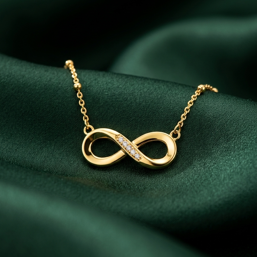 A gold infinity necklace with a small pavé diamond accent on the center loop, resting on a draped dark green satin fabric background.