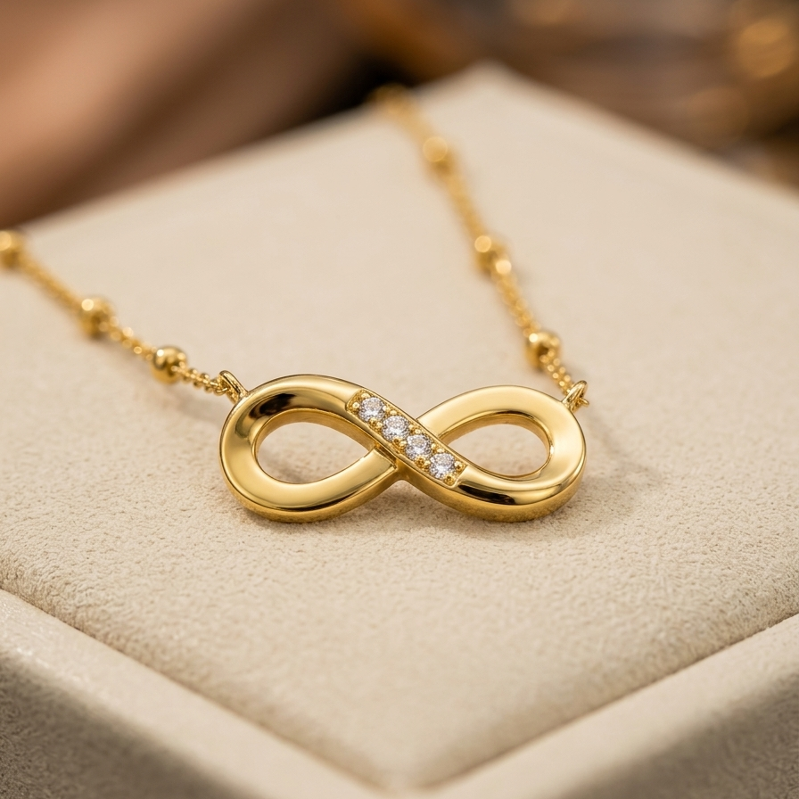 A gold infinity necklace with a small row of clear stones across the center, displayed on a beige jewelry box.