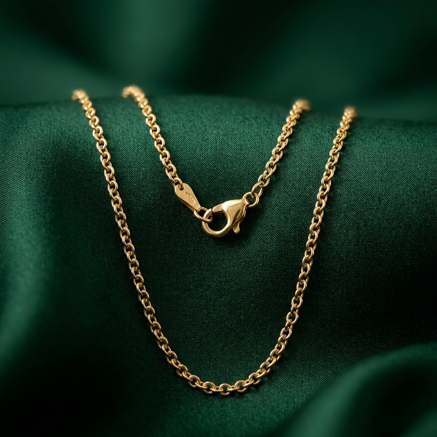 A delicate gold chain necklace with a lobster clasp, draped elegantly on a dark green satin fabric background.
