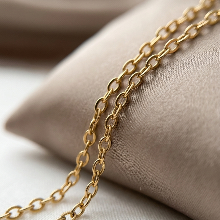 A close-up of a gold chain draped over a soft beige fabric cushion on a light neutral surface.