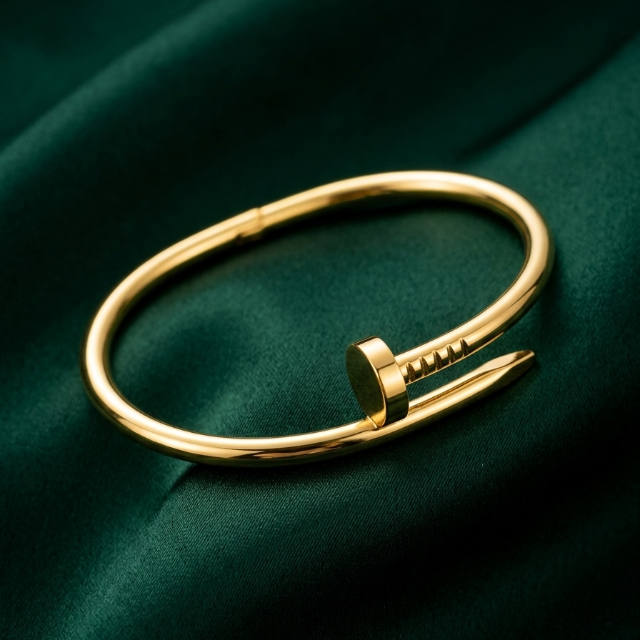 18kt gold plated iconic nail cuff bracelet on a dark green fabric background.