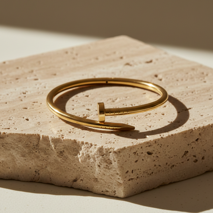 Gold bent nail design bangle bracelet on white stone prop.