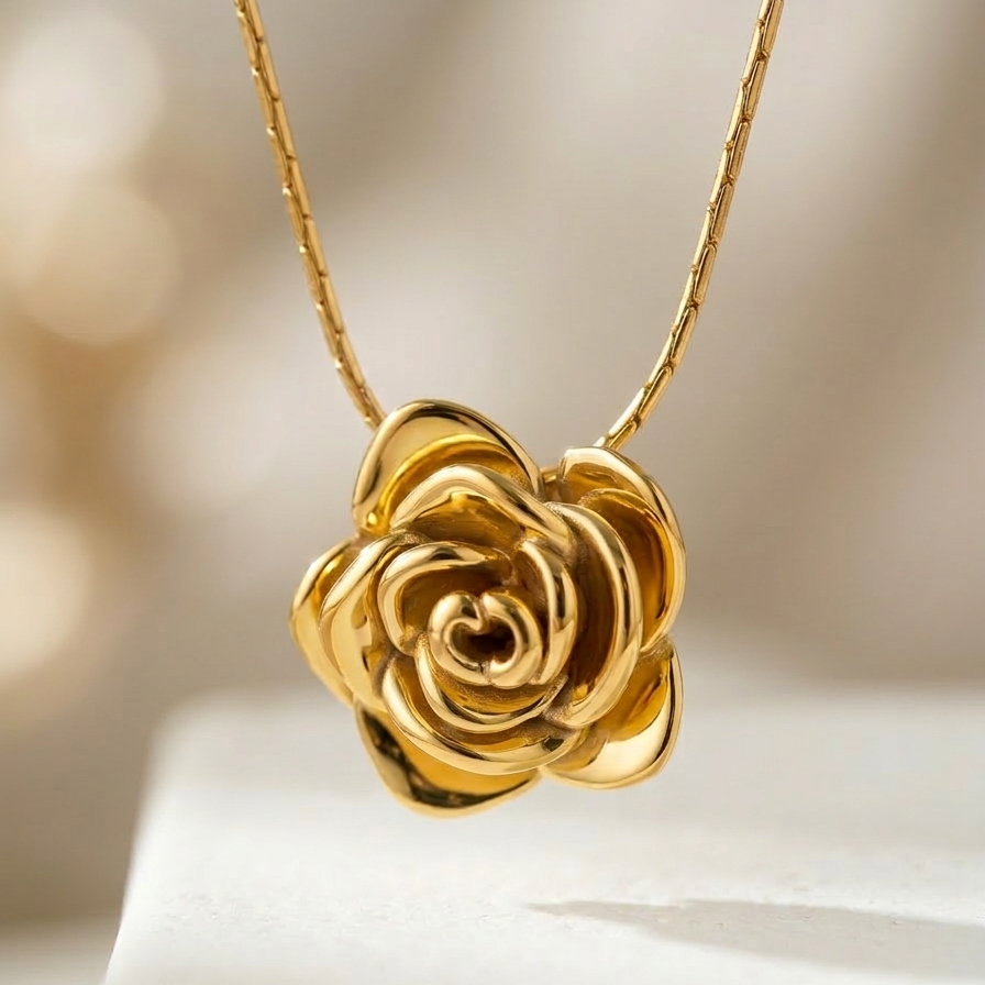 Close up of 18k gold plated necklace featuring a detailed, sculpted 3D rose pendant on a snake chain, resting on a matte white block.