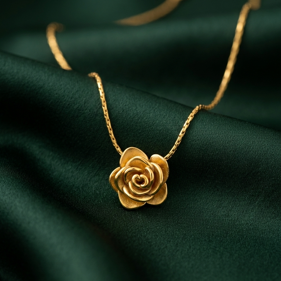 18k gold plated necklace featuring a detailed, sculpted 3D rose pendant on a snake chain, resting on a matte white block on a green fabric background