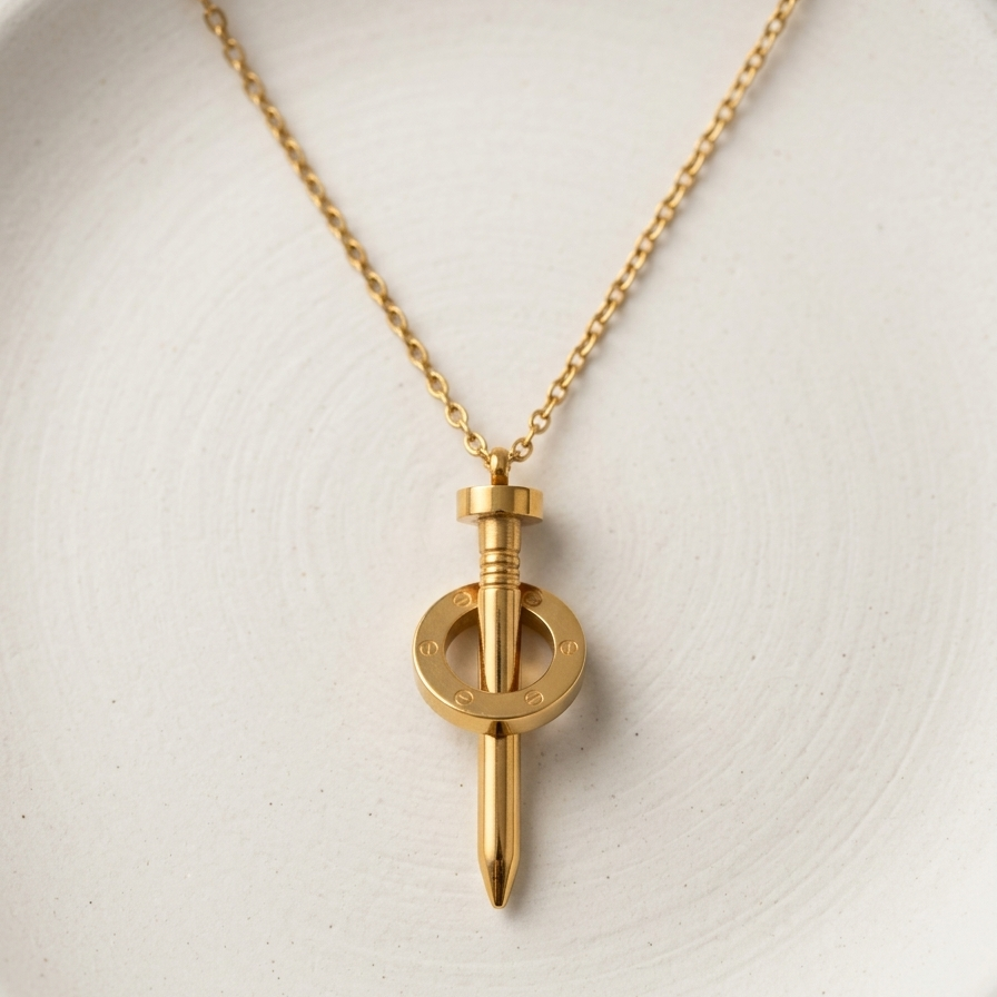 18k gold plated statement necklace featuring an industrial nail design piercing through a circular halo with screw details resting on a cream plate.