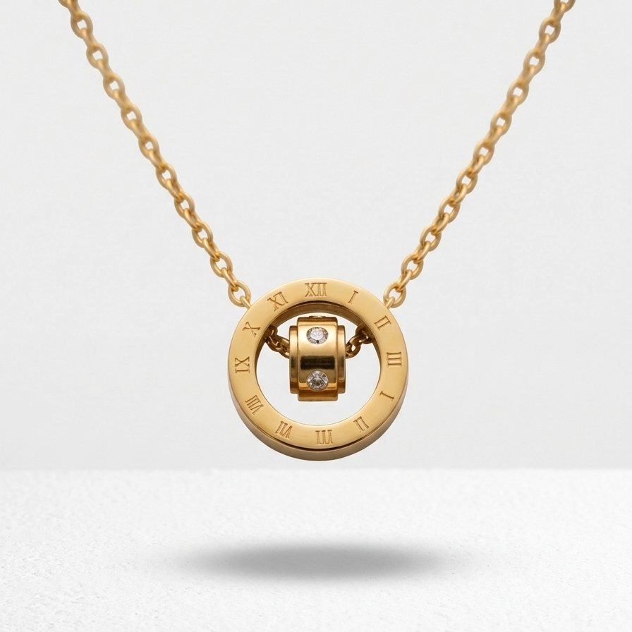 18k gold plated necklace featuring a circular pendant engraved with Roman numerals and a spinning inner barrel accented with CZ diamonds.