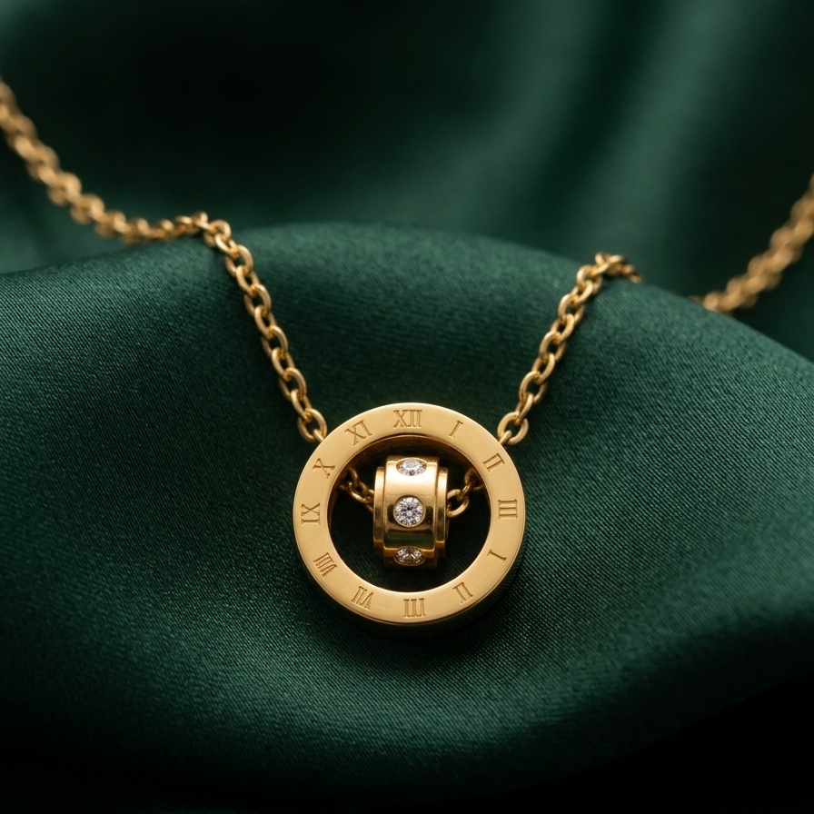 18k gold plated necklace featuring a circular pendant engraved with Roman numerals and a spinning inner barrel accented with CZ diamonds on a green fabric background