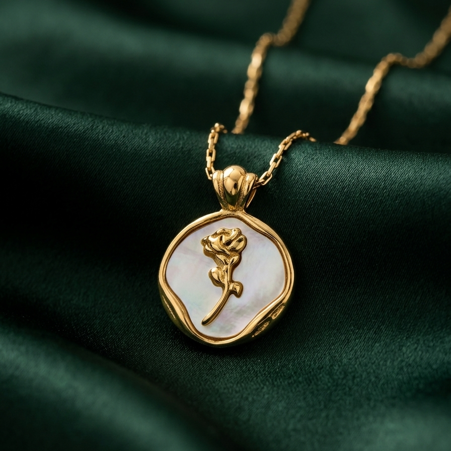 18k gold plated medallion necklace featuring a mother of pearl inlay and a raised golden rose motif in the center on a green fabric background