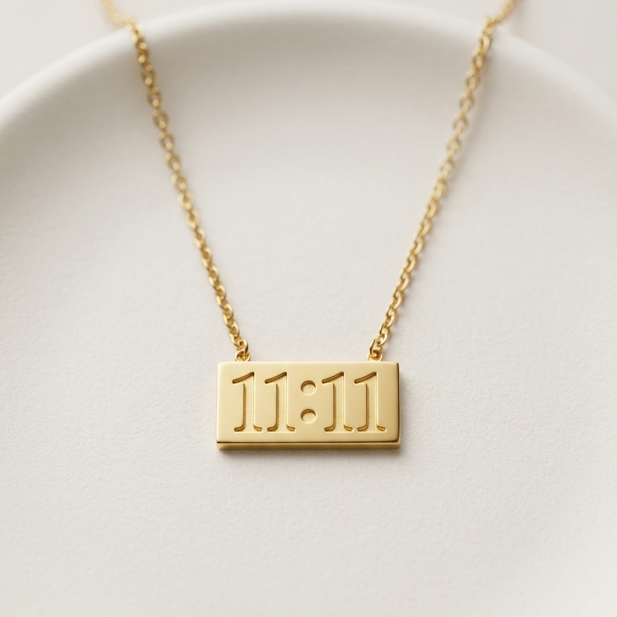 18k gold plated necklace featuring a horizontal rectangular bar pendant engraved with the numbers 11:11.