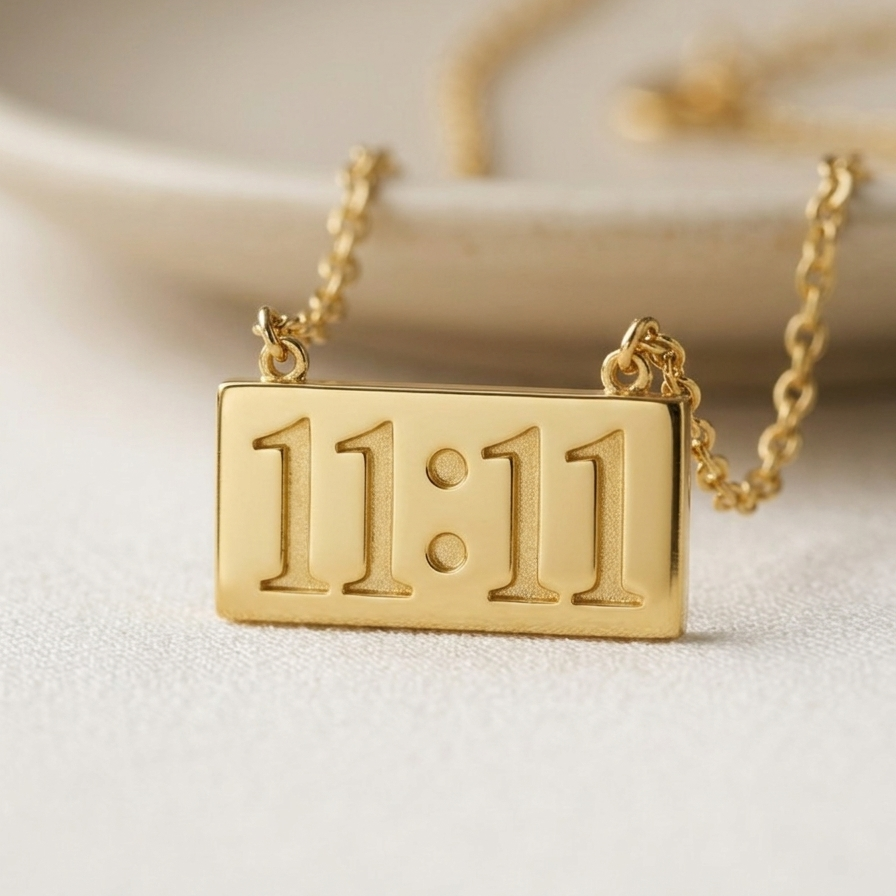 Close up of a 18k gold plated necklace featuring a horizontal rectangular bar pendant engraved with the numbers 11:11.