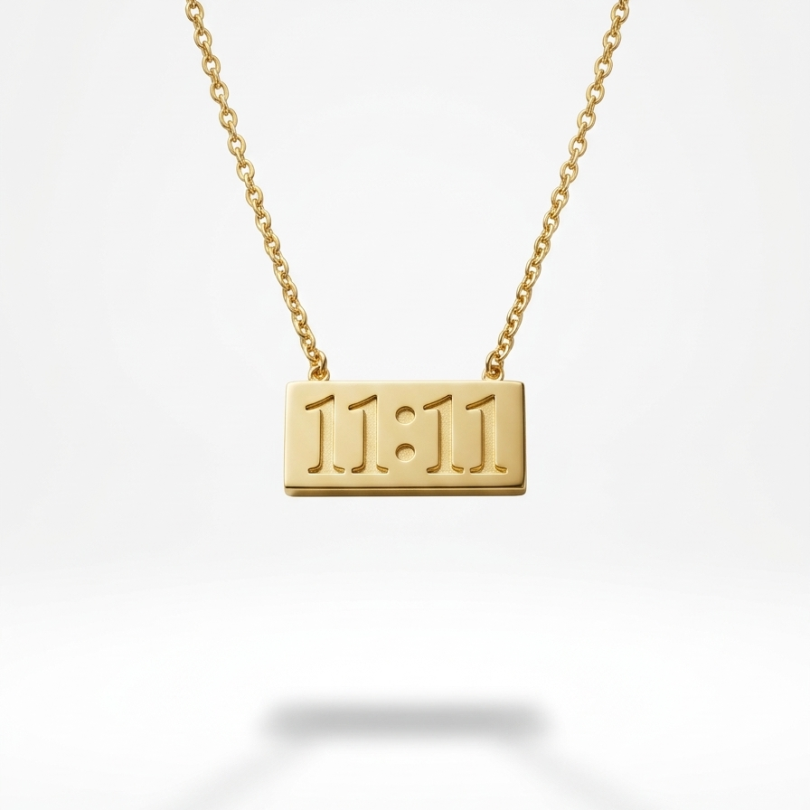 18k gold plated necklace featuring a horizontal rectangular bar pendant engraved with the numbers 11:11.