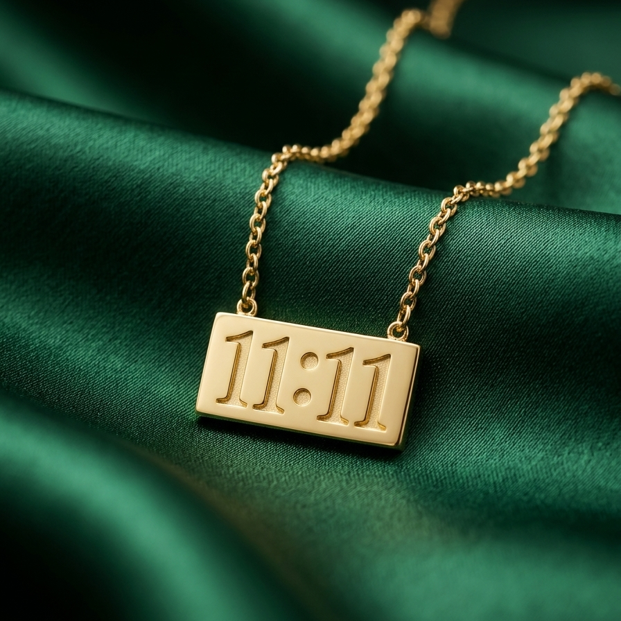 18k gold plated necklace featuring a horizontal rectangular bar pendant engraved with the numbers 11:11 on a green fabric background