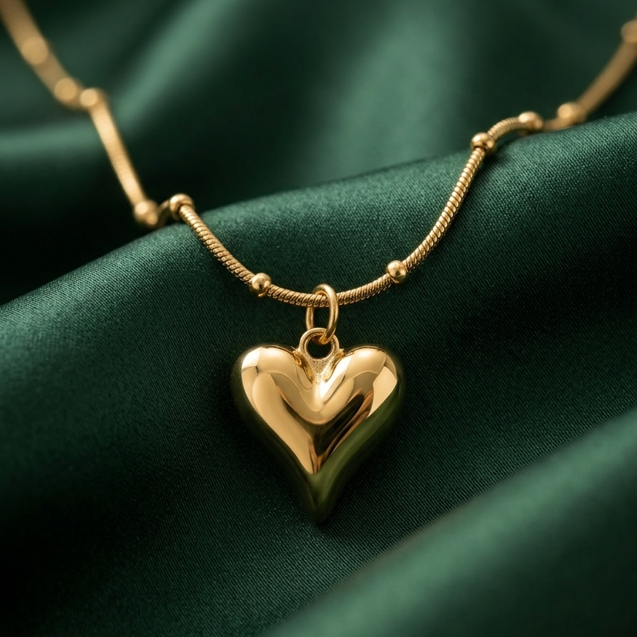18k gold plated necklace featuring a smooth, 3D puffy heart pendant suspended on a delicate beaded satellite chain on a green satin background