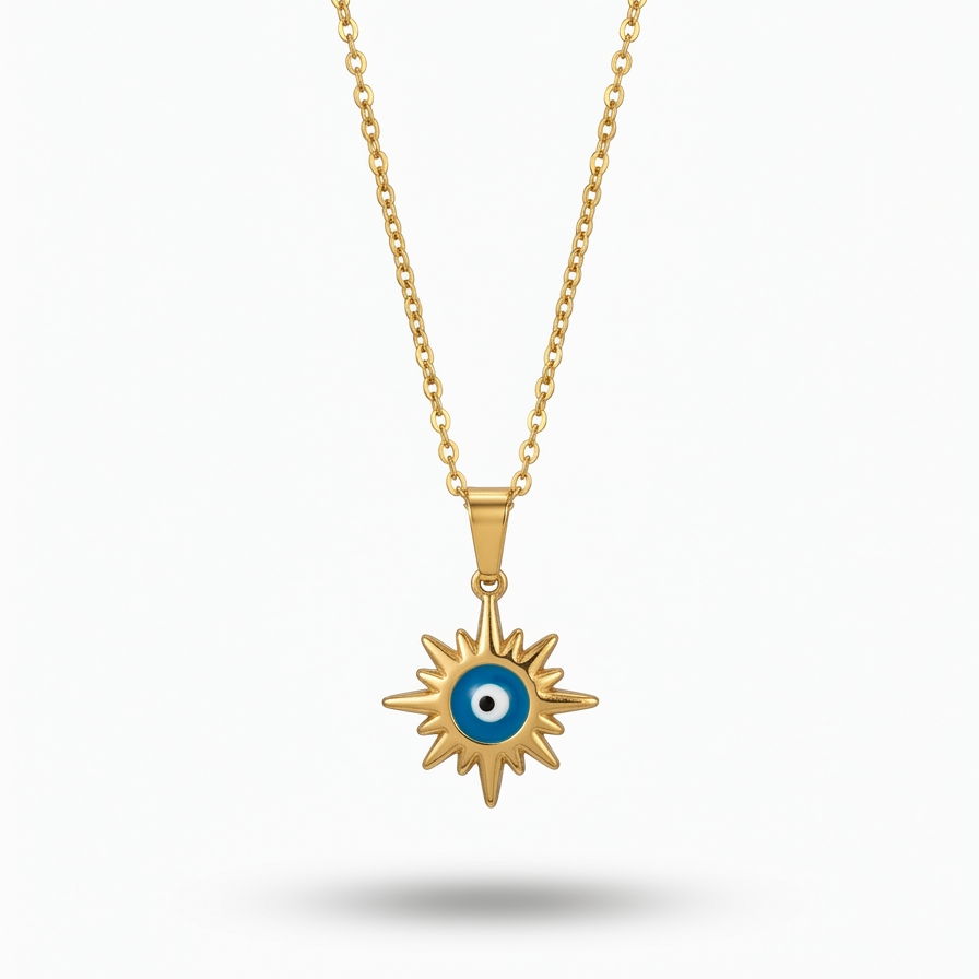 18k gold plated necklace featuring a radiant sunburst pendant with a classic blue and white enamel evil eye in the center.