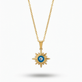 18k gold plated necklace featuring a radiant sunburst pendant with a classic blue and white enamel evil eye in the center.