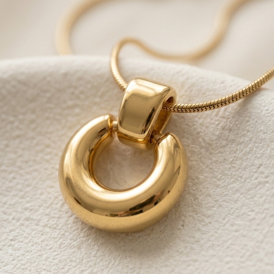 Close up of a 18k gold plated necklace featuring a thick, chunky donut-shaped hoop pendant suspended on a sleek snake chain.