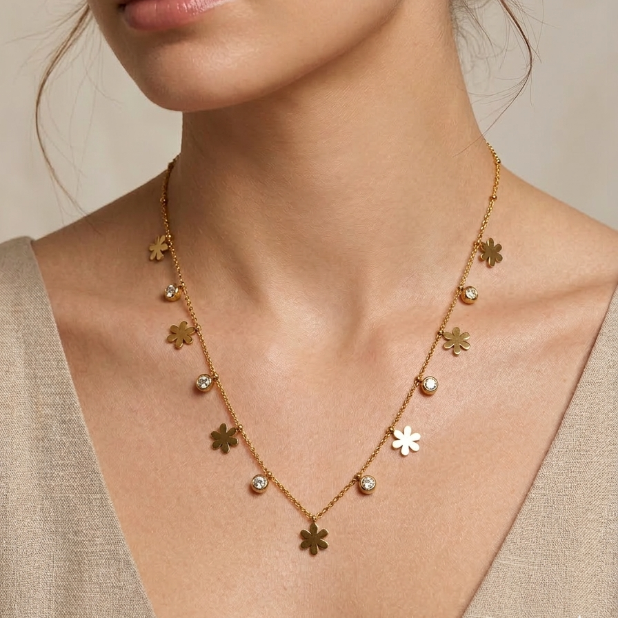 18k gold plated station necklace featuring evenly spaced minimalist daisy charms and bezel-set clear CZ crystals.