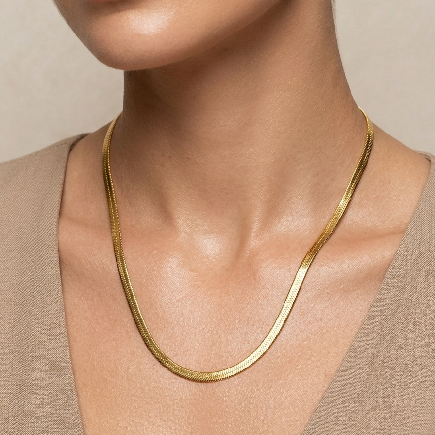 18k gold plated thick, flat herringbone chain necklace resting on a textured white surface worn by a person against a neutral background