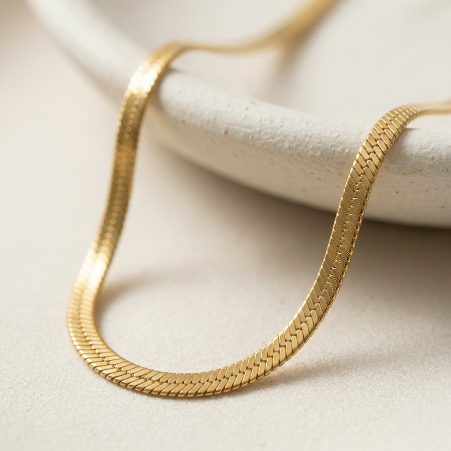 Close up of a 18k gold plated thick, flat herringbone chain necklace resting on a textured white surface.