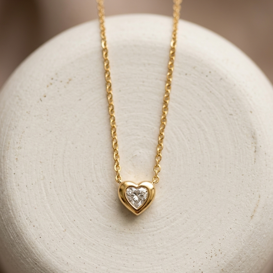 Delicate 18k gold plated necklace featuring a very small, smooth heart-shaped pendant with a sparkling clear CZ diamond center.
