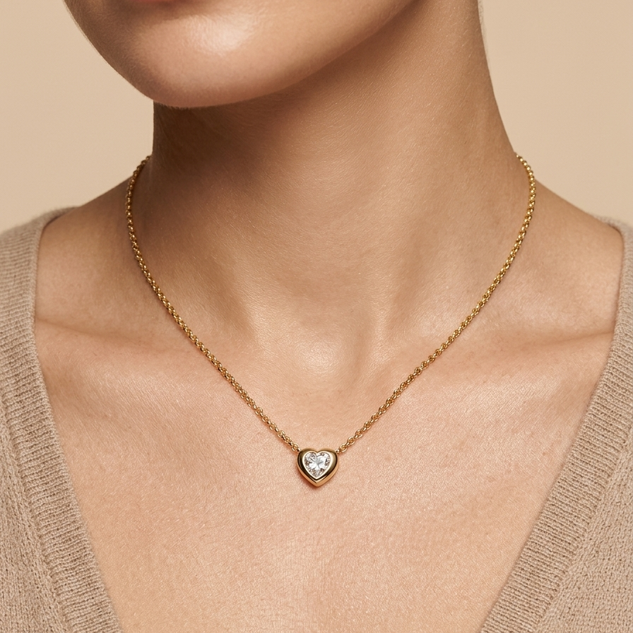 Delicate 18k gold plated necklace featuring a very small, smooth heart-shaped pendant with a sparkling clear CZ diamond center.