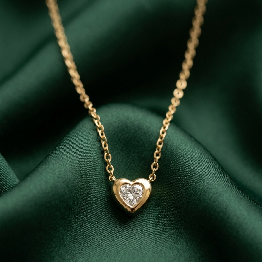 Delicate 18k gold plated necklace featuring a very small, smooth heart-shaped pendant with a sparkling clear CZ diamond center.