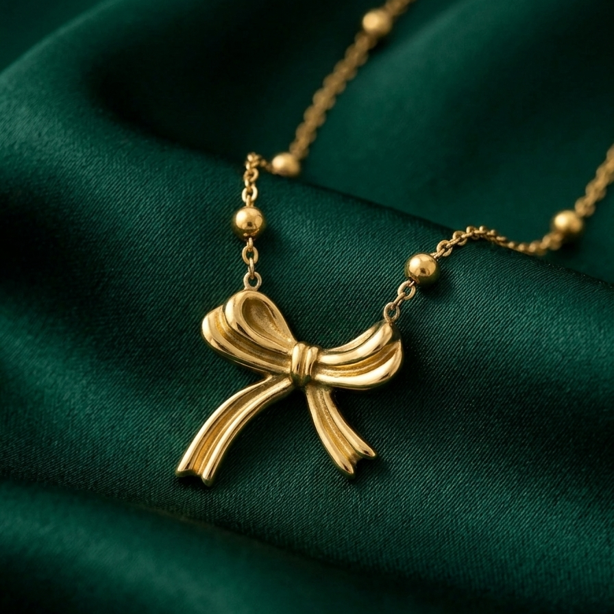 18k gold plated necklace featuring a sculpted, fluid ribbon bow pendant suspended on a delicate beaded satellite chain necklace on a green fabric background