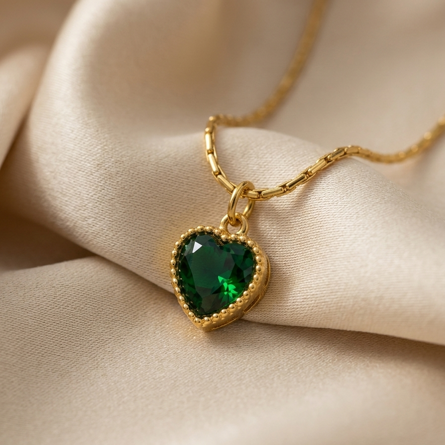 18k gold plated necklace featuring a deep emerald green heart-shaped crystal pendant with a textured golden border, on a delicate chain.