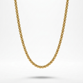 A gold chain necklace with a classic curb link design, suspended against a clean white background with a soft shadow underneath.