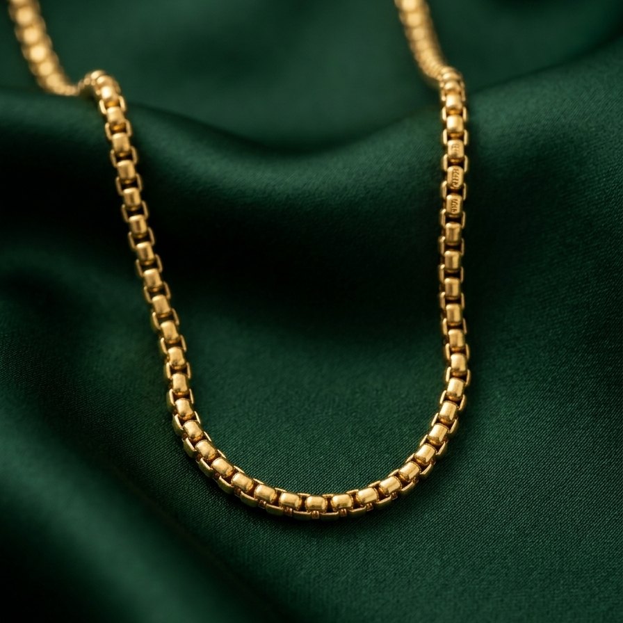 A close-up of a gold box chain necklace draped over dark green satin fabric.
