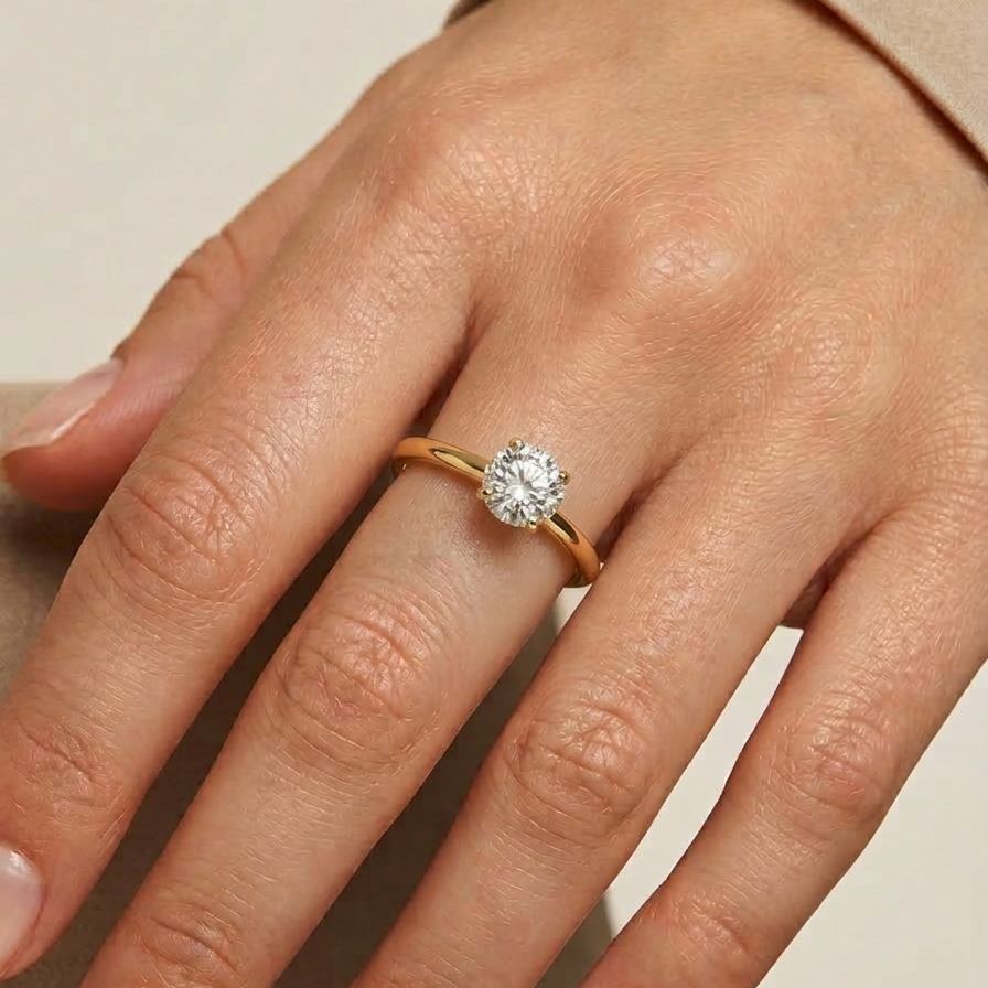 an 18k gold plated minimalist adjustable ring featuring a single CZ diamond and two small gold spheres, wearing by a women.