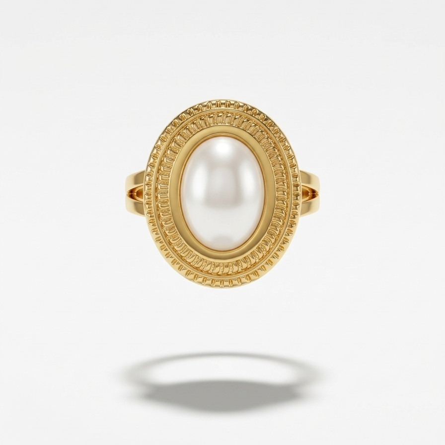 a premium 18k gold plated statement ring featuring a large oval pearl set in a detailed vintage bezel.