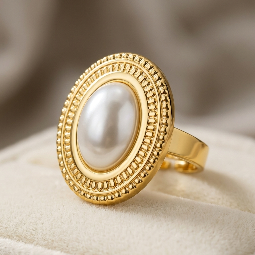 Close up of a premium 18k gold plated statement ring featuring a large oval pearl set in a detailed vintage bezel, displayed on a cream velvet ring box.