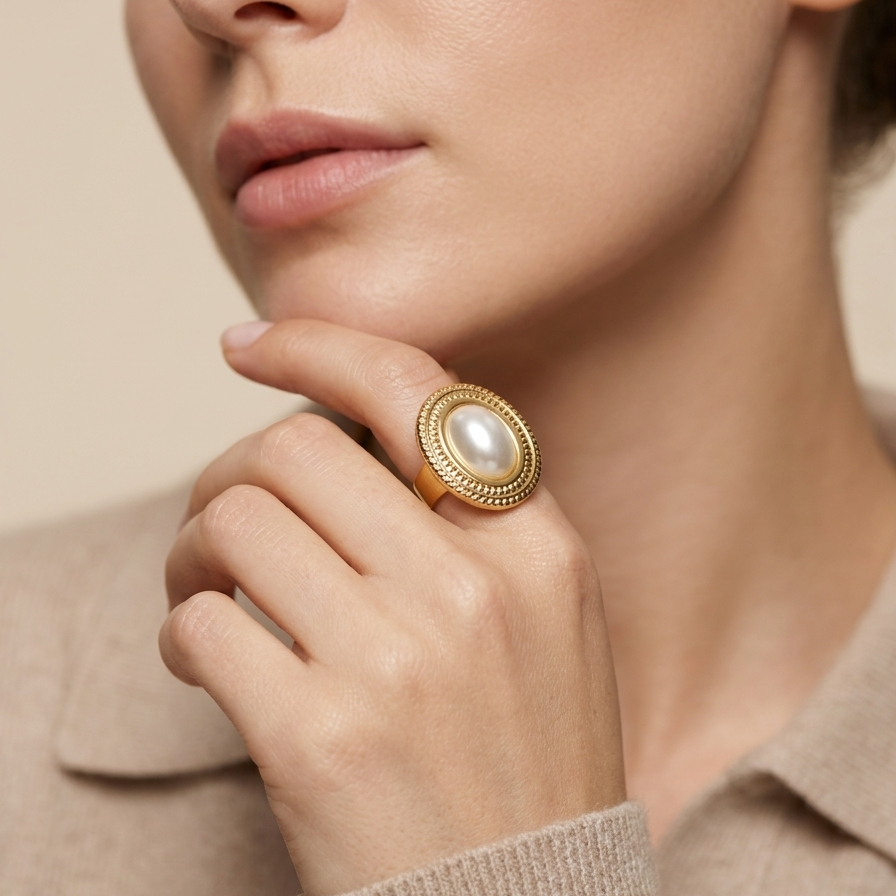 a premium 18k gold plated statement ring featuring a large oval pearl set in a detailed vintage bezel, wear by a women.