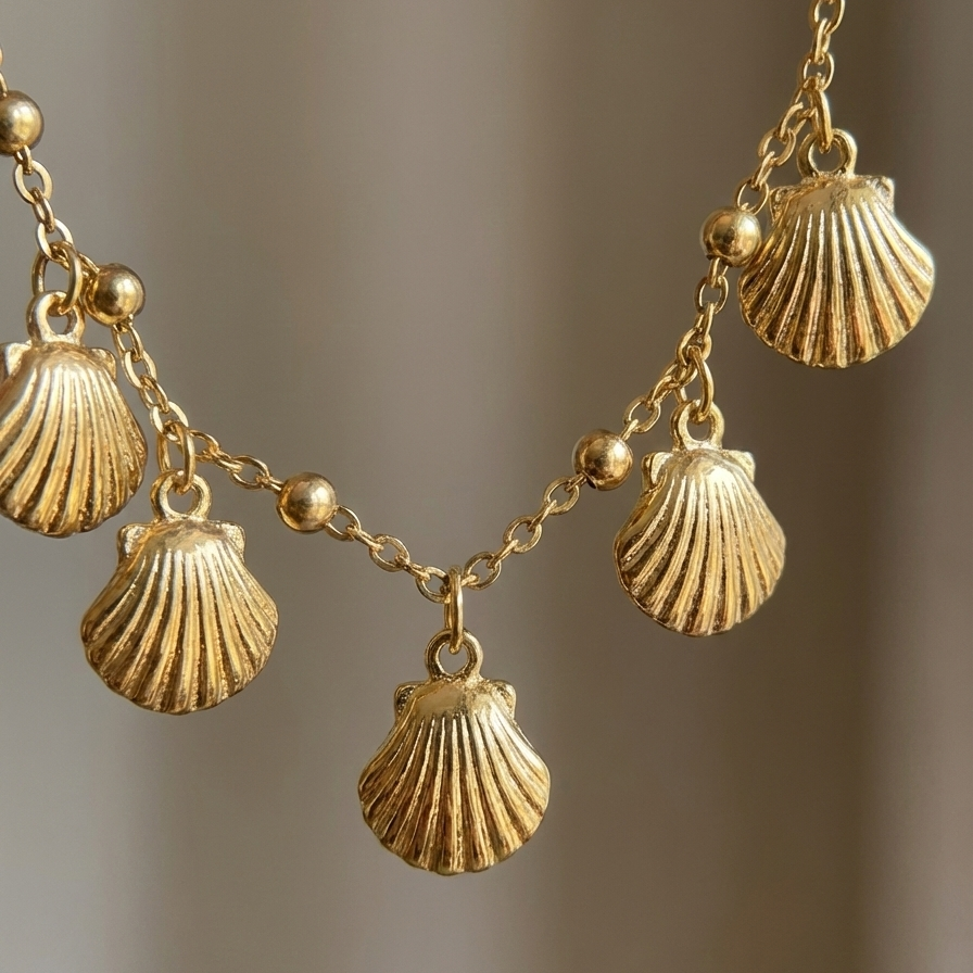 Gold chain bracelet with five dangling scallop shell charms on white packaging.