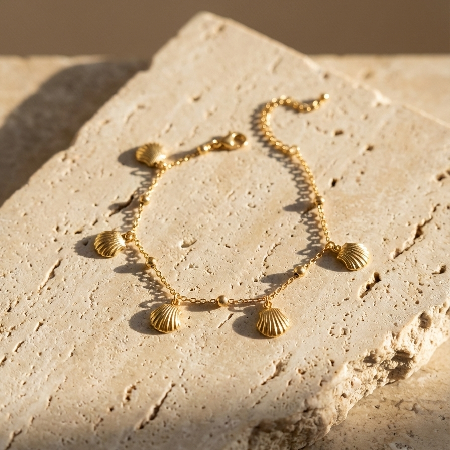 Gold chain bracelet with five dangling scallop shell charms on white packaging.