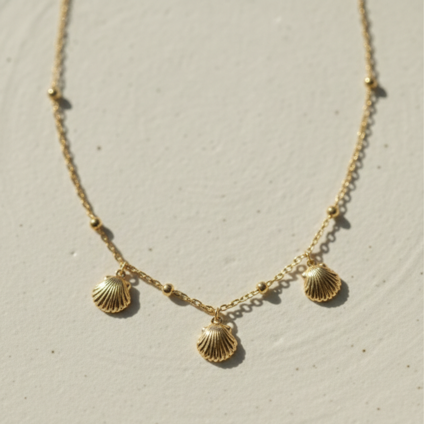 Gold shell charm necklace with three scallop shells on beaded chain white background.