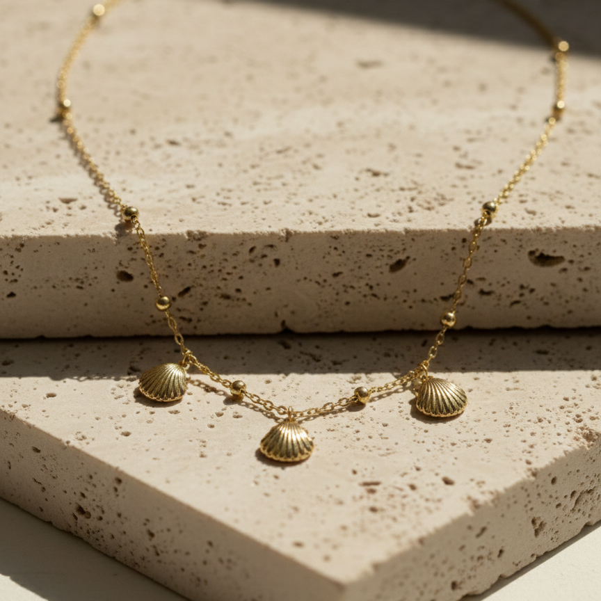 Gold shell charm necklace with three scallop shells on beaded chain white background.